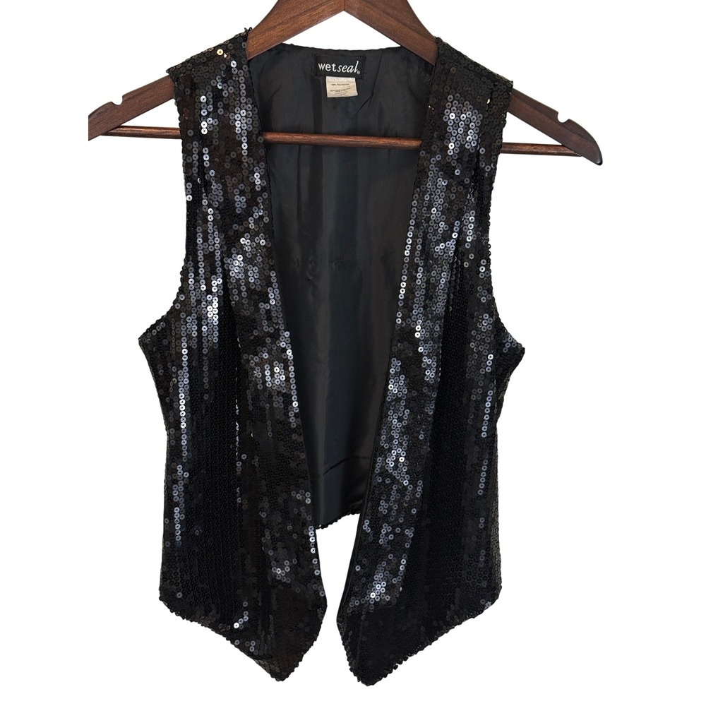 Wet Seal Black Sequin Open-Front Vest